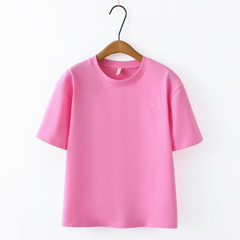 

Women s Plus Size Embroidered Cotton T-Shirt - Short Sleeve, Solid Color, Versatile Summer Fashion Top (2025). XL розовый