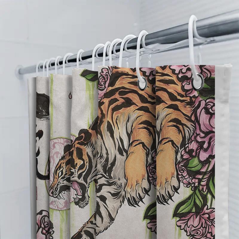 Tiger Floral Shower Curtain Wild Animal Nature Botanical Forest Bathroom Decor Vintage Artistic Home Decor Washable Waterproof
