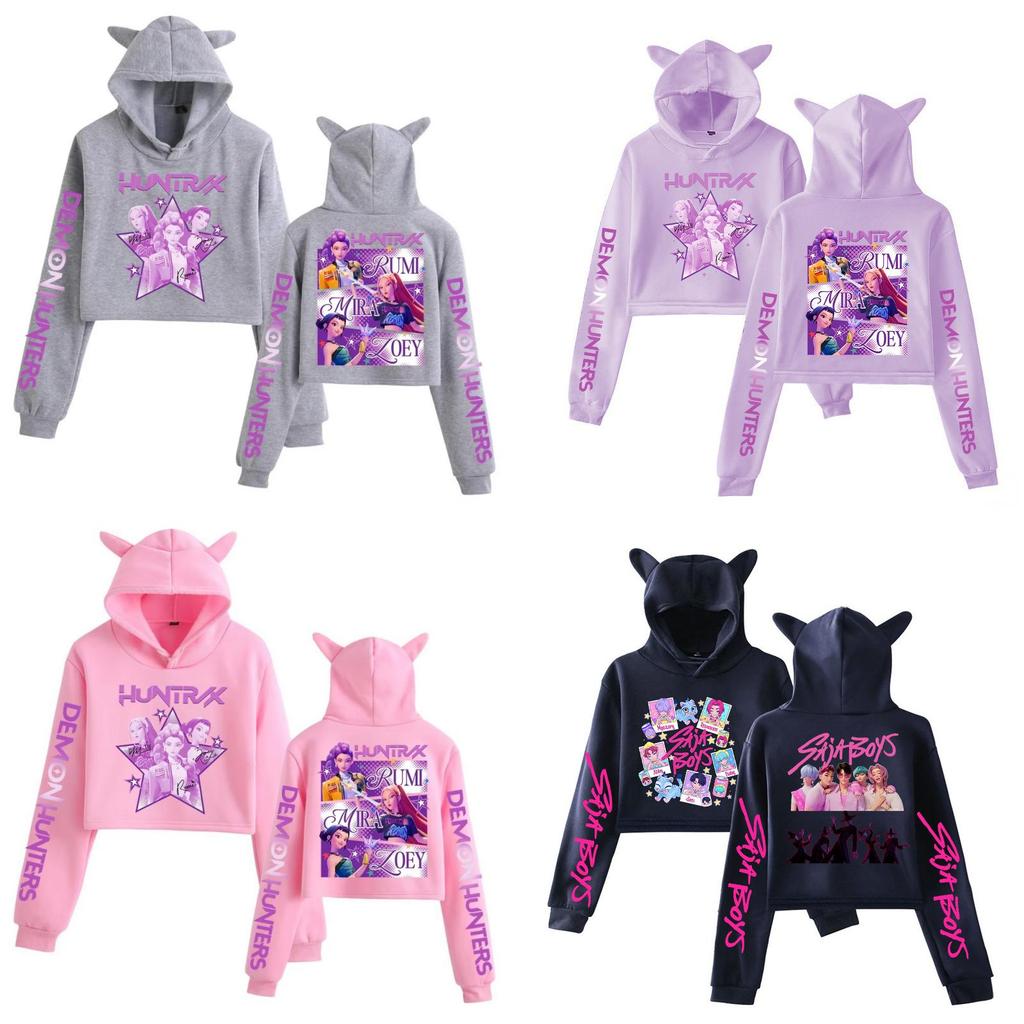 Kpop Demon Hunters Printed Short Hoodie With Cat Ears For Girls Summer Casual Wear