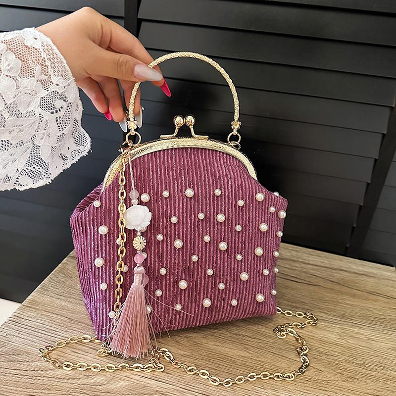 

New Pearl Embroidery Ladies Handbag with Flower Tassel Decor Single Shoulder Bag Metal Chain Crossbody Bag for Women роза розовый