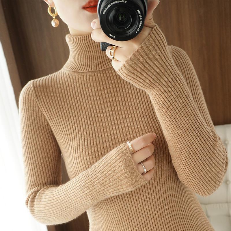 Women's Autumn Winter High Neck Slim-Fit Ribbed Knit Base Layer Sweater for Office Wear