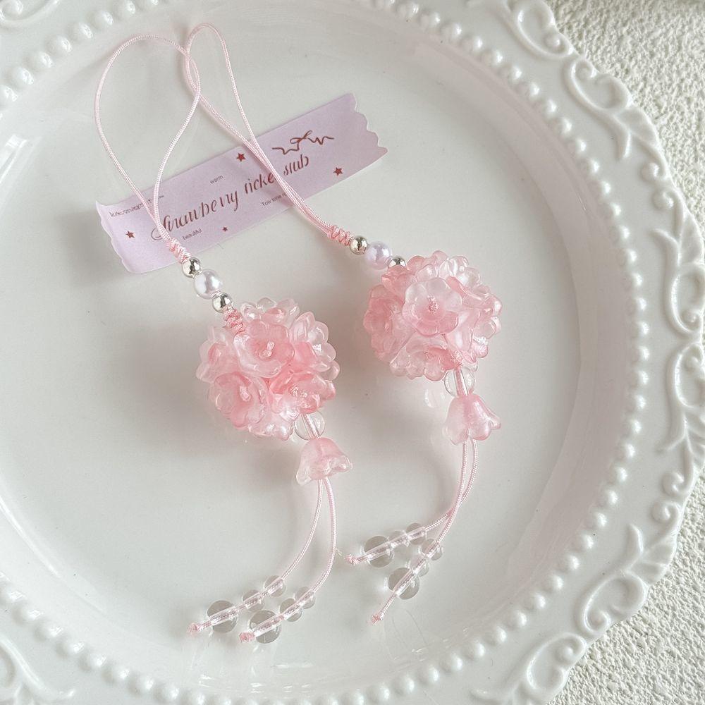 A pair Pink Cherry Blossom Beaded Lucky Phone Charm Lanyard Cute Aesthetic Wrist Strap Lanyard Floral Pendant for Girls