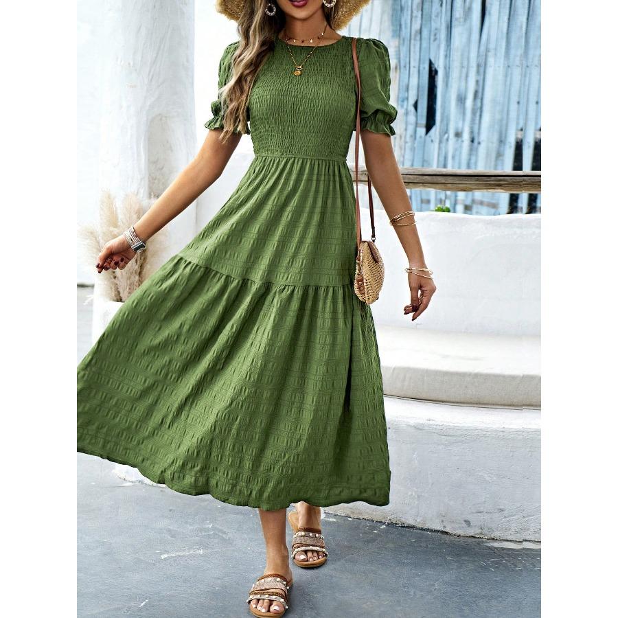 Casual Vacation Style Lotus Leaf Sleeve Cinched Waist Women's Long Dress 2025