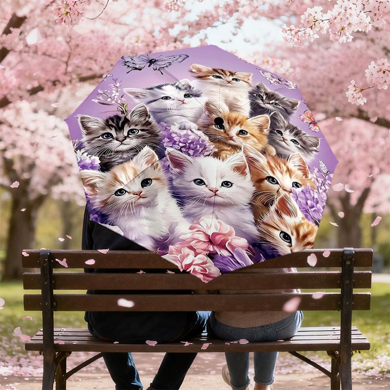 1PC Kittens Flowers Umbrella-8-Rib Reinforced Portable Folding Travel Suitable for All Seasons Outdoor Daily Use  -J0390