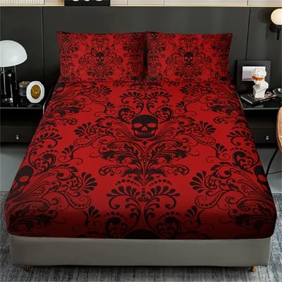 Totenkopf Blumendesign 3-teiliges Bettlaken-Set - 100% Polyester, Digitaldruck, Atmungsaktives Ganzjahres-Spannbettlaken- und Kissenbezug-Set