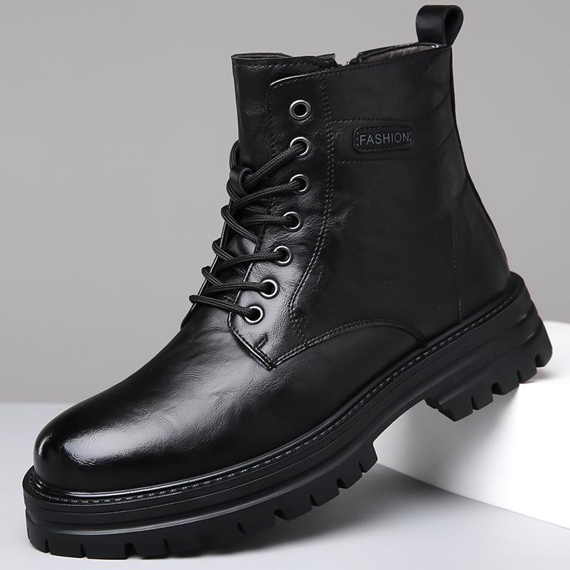 2026 Autumn Winter New Work Boots for Men Fashion Causal Leather Cotton Shoes Male Retro Solid Color Platform Ankle Boots Man
