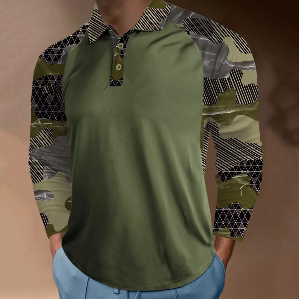 Music Piano Print Long Sleeve Polo, Trendy Casual Men's Top