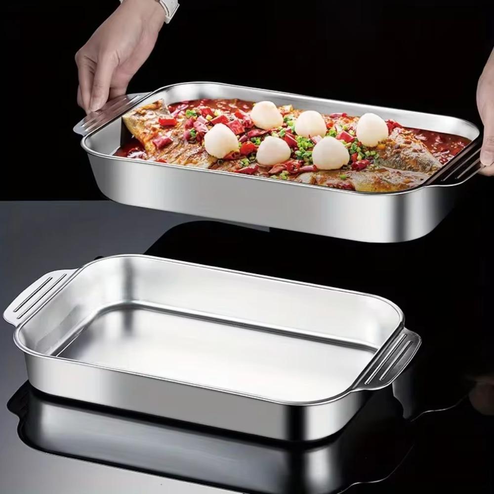

with Handle Rectangular Baking Pan Stainless Steel Barbecue Plate Household Seafood Tray Oven 37x22x8cm