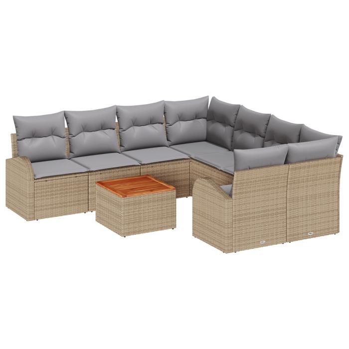 VidaXL Ensemble de canapé de jardin 9 pièces avec coussins Beige Poly Rotin Acacia 3347560