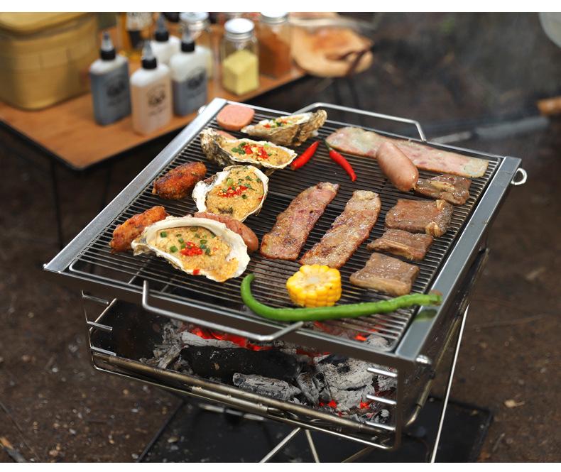 Large Outdoor Stainless Steel Folding Barbecue Grill and Fire Pit for Camping and Picnics