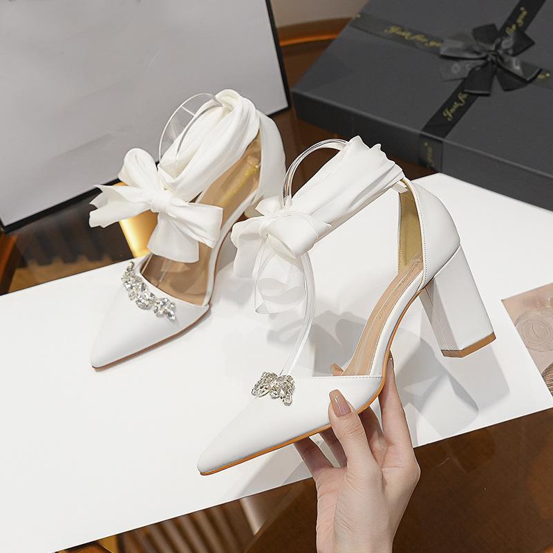 Fashion Chunky Heel Pointed Toe Hollow Out Rhinestone Bow Strap Wedding Bridal Party Shoes