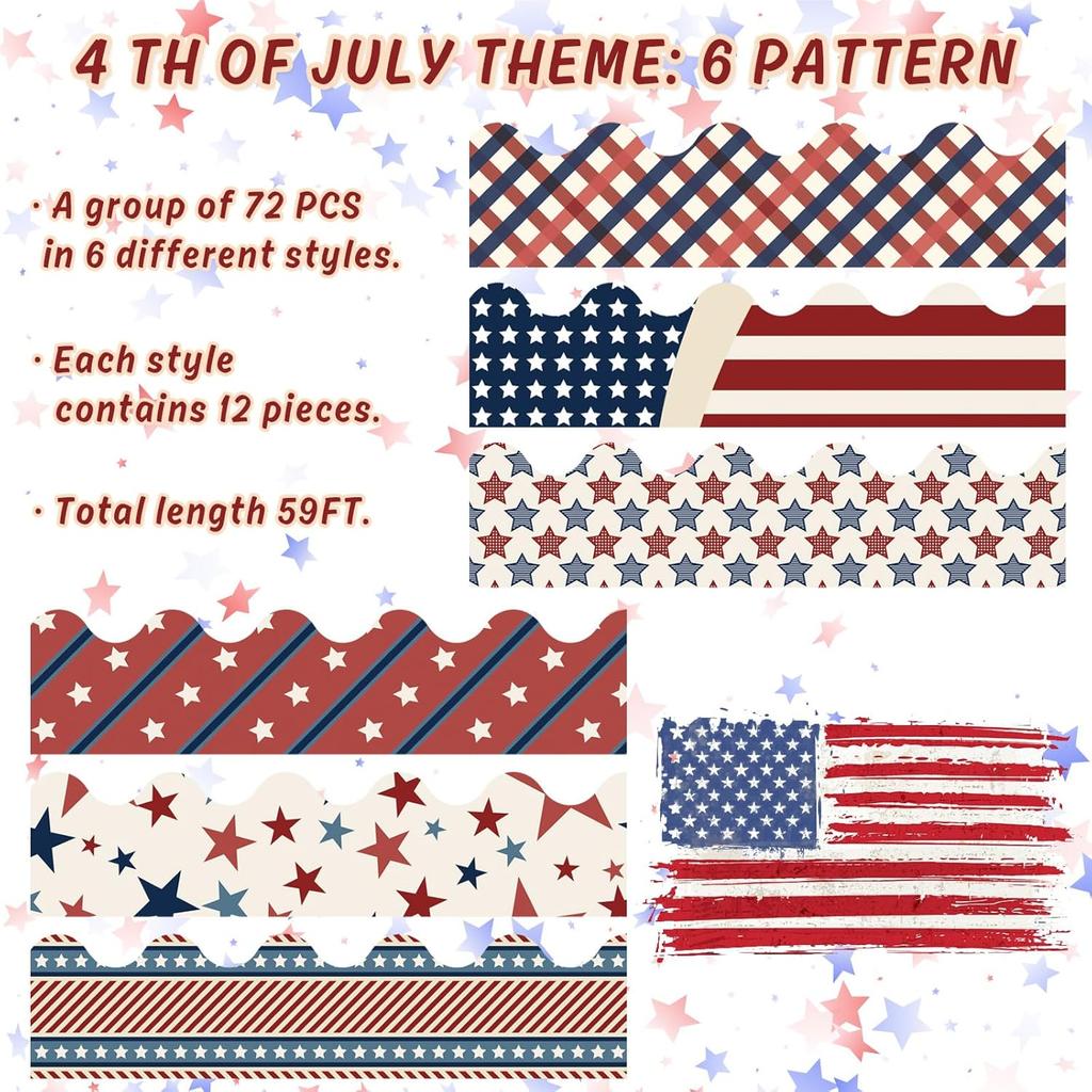 70.8Ft Patriotic Retro Bulletin Board Borders 72Pcs 6 Design 4th of July Stars Stripes Plaid n Flag Patterned Scalloped Paper Borders for