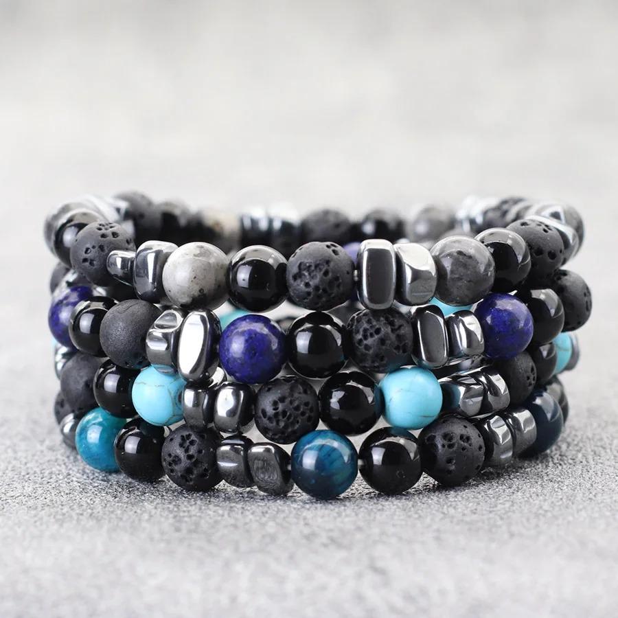 Natural Hematite Stone Beaded Bracelet Men Handmade Unfading Strand Braclet Jewelry Office Leisure Homme Accessories