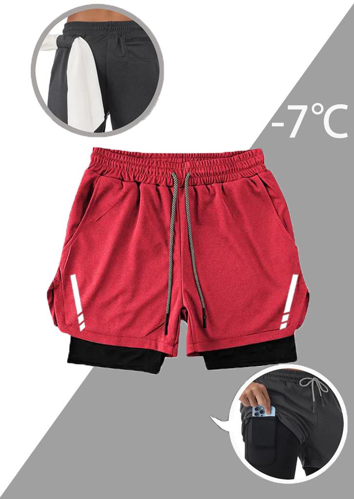 Men 2 In 1 Printed Quick Dry Sports Shorts Gym Workout Outdoor Shorts With Towel Hanging