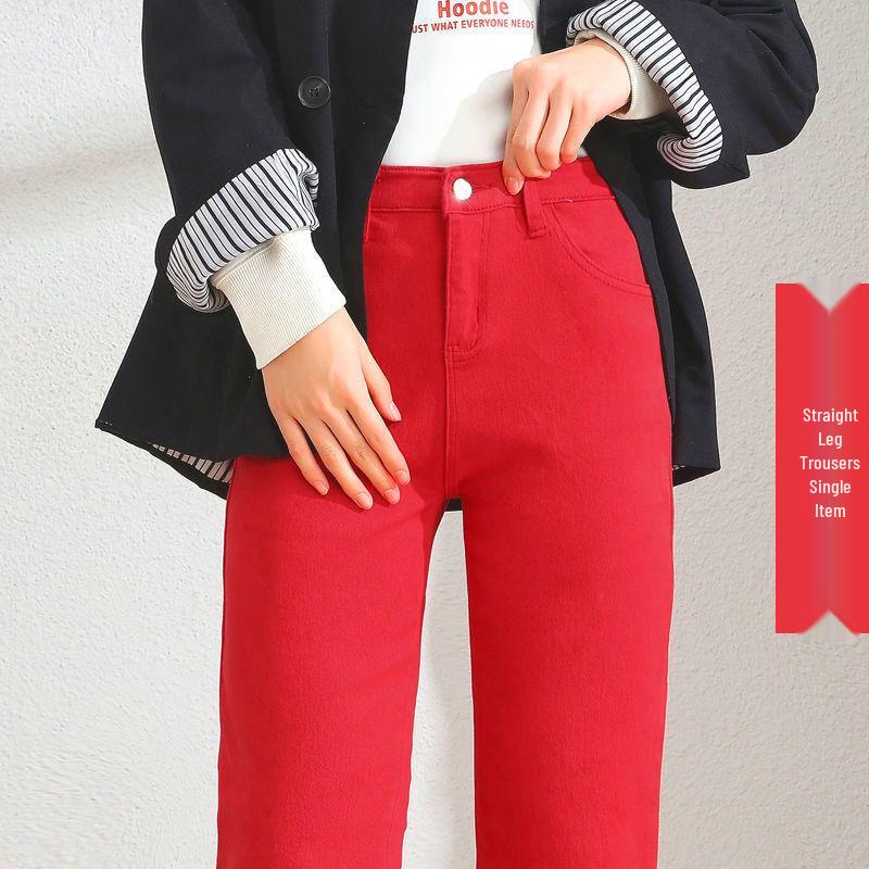 

Женские красные джинсы прямого кроя с высокой посадкой и флисовой подкладкой - Повседневный уличный стиль 25 (70-80 lbs)