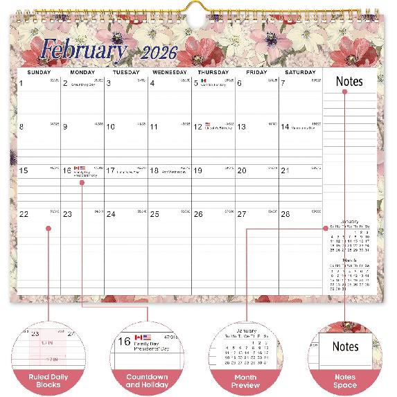2026 Calendar, 18-Month Wall Calendar from Jan 2026 to Jun 2027, 11.5" x 14.7", Spiral Binding Hanging Monthly Calendar with Twin-Wire Binding,
