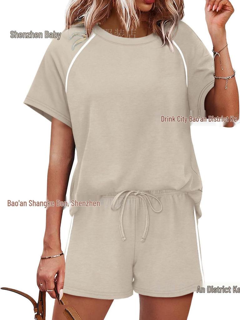 2026 Spring/Summer Women's Stretch Sport Casual Two-Piece Set - Round Neck Short Sleeve Top & Shorts