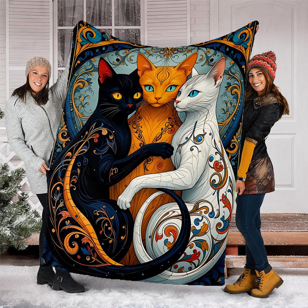 1pc Fantasy Cats Throw Blanket Polyester Fiber, Lightweight Flannel, Soft & Warm, All Season Use for Outdoor, Camping Digital Print