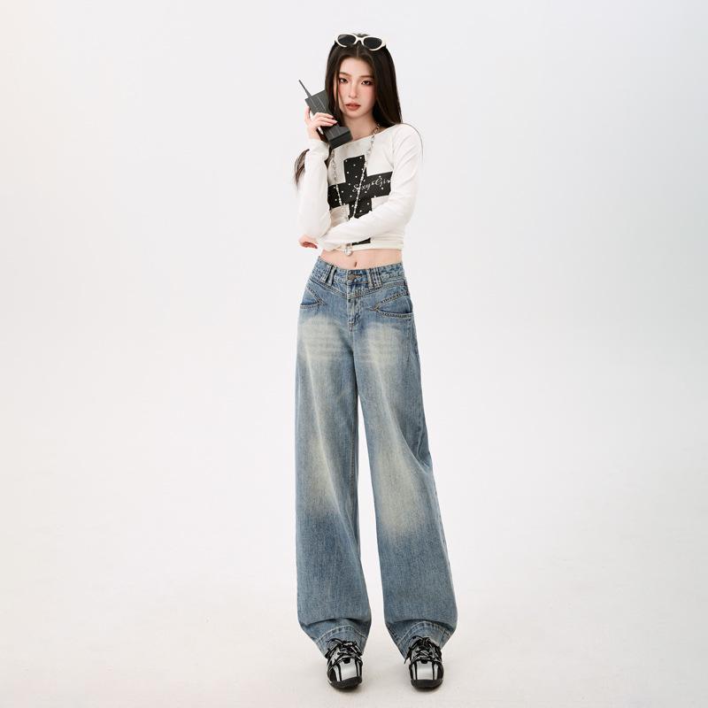 Spring 2026 Women s High-Waisted Retro Wide-Leg Jeans - Slimming, Floor-Length Design XL