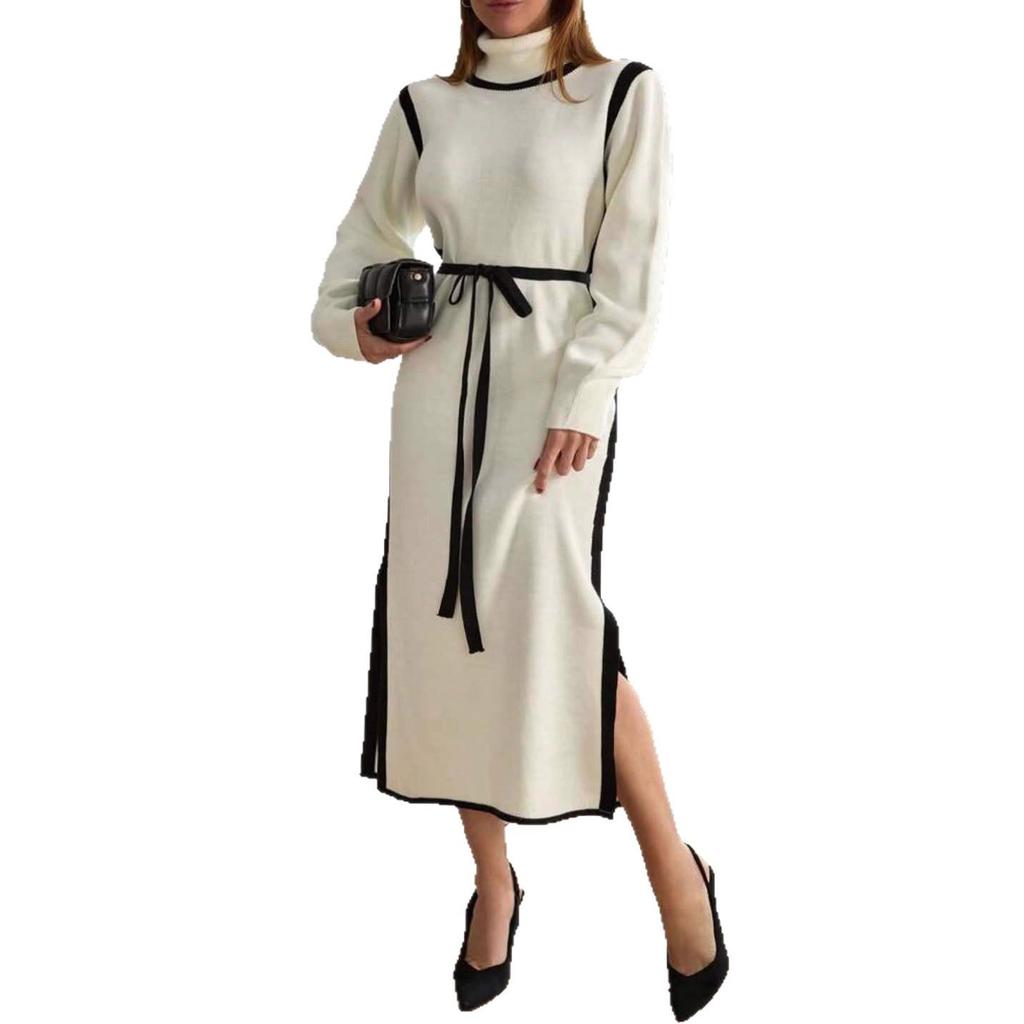 European & American Women's High-Neck Knitted Dress, Fall 2025 - Waist-Cinching, Long-Sleeve Slit French Style