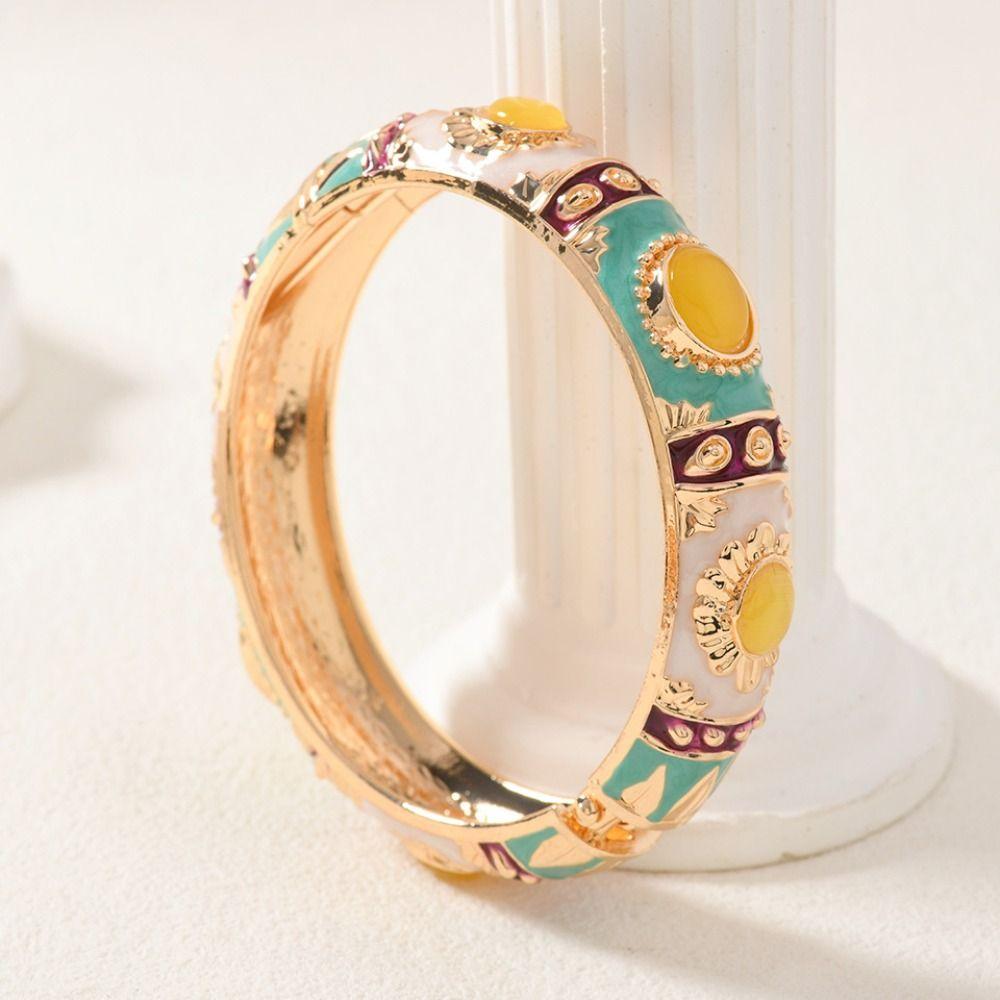 Enamel Hollow Out Flower Bangle Double Bangle Women's Hand Bracelet Vintage Cloisonne Bangle  Woman