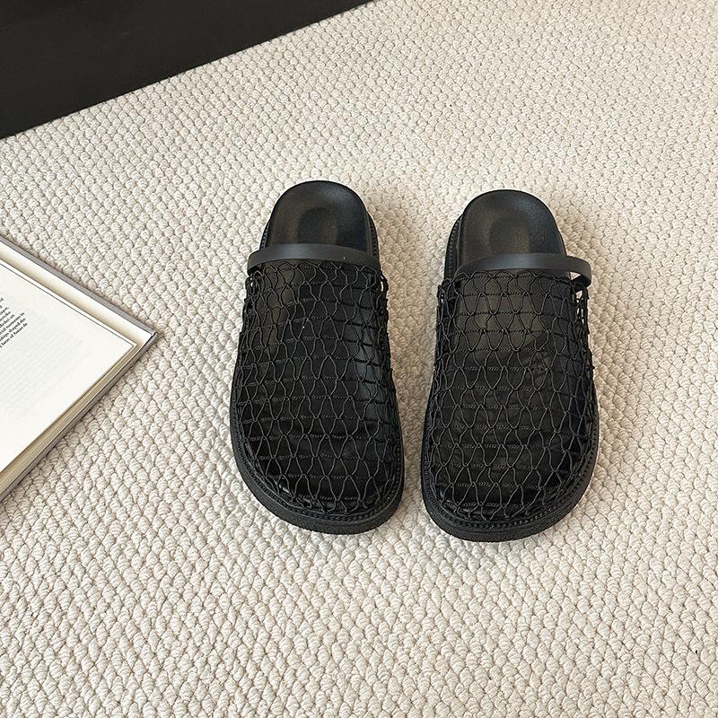 French hollow breathable mesh yarn bag head half slippers summer wear a pedal thick-soled fishing net boken heel shoes