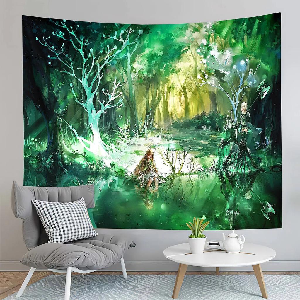 Fairy Tale Forest Tapestry Full Moon Night  Red Mushroom  Living Room Bedroom Dormitory