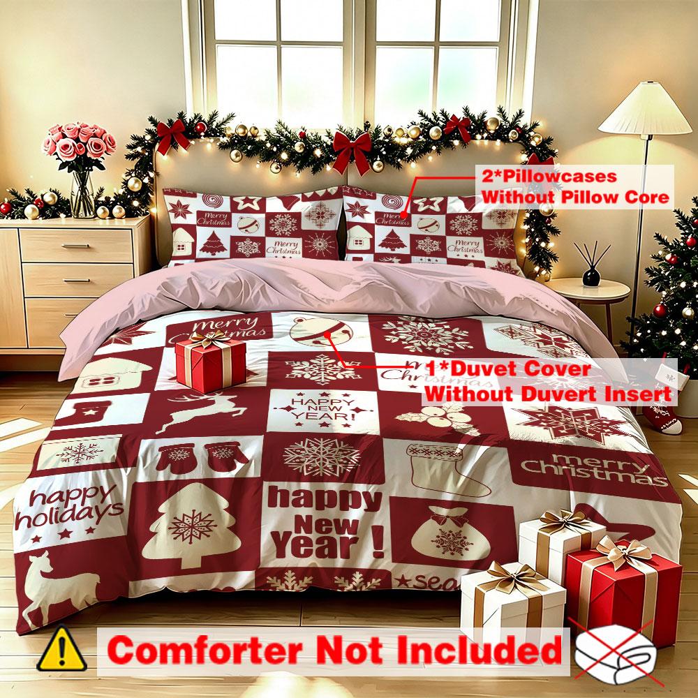 Christmas Duvet Cover Set 3Pcs Red White Patchwork Reindeer Snowflake Print Soft Microfiber Bedding with Pillowcases