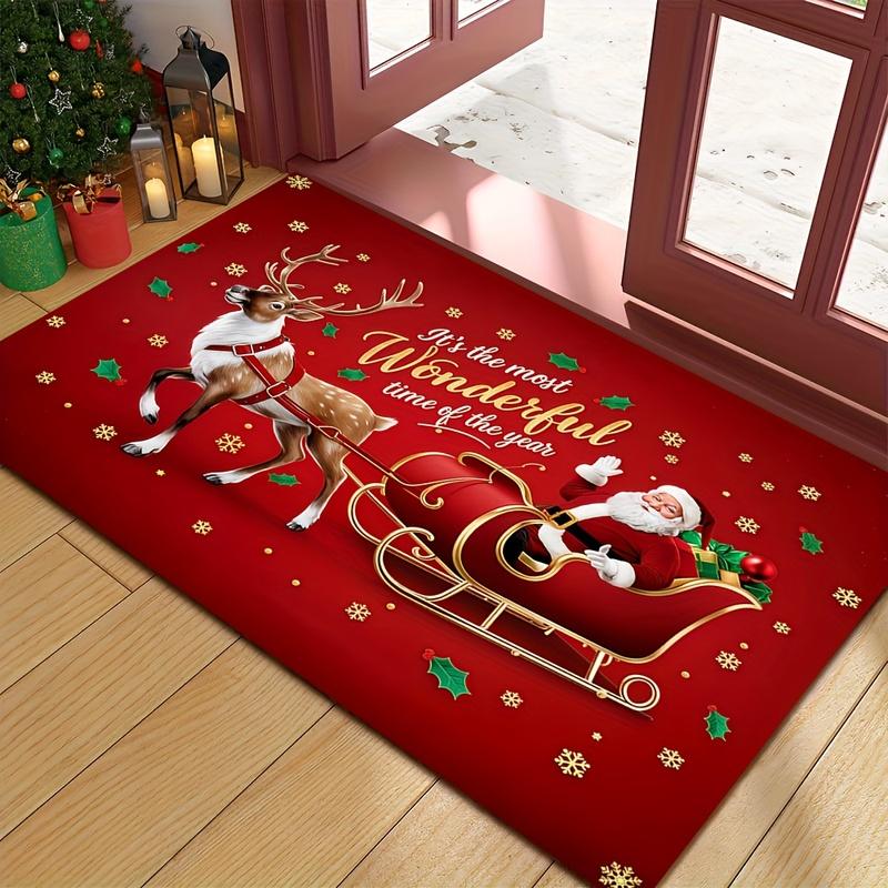 Non-Slip Christmas Slogan Doormat Washable Indoor Holiday Rug with Santa Reindeer Design for Front Door Decor