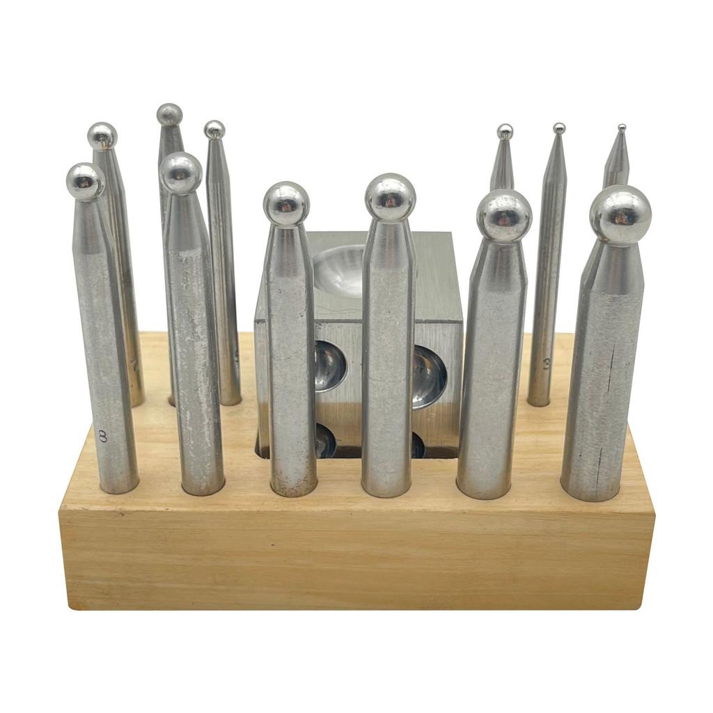 Набор из 13 предметов наковальни-гнезда с деревянной опорной пластиной, круглым пуансоном, квадратным и шестигранным большим железным колокольчиком, формовка и изготовление