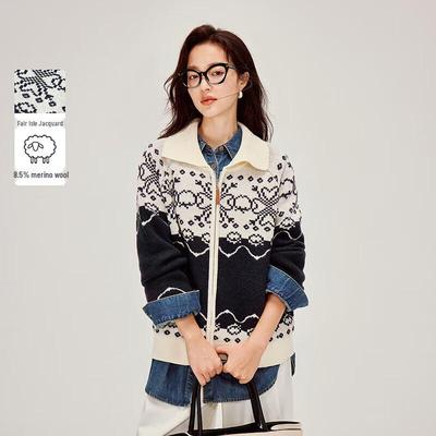 INMAN Women's Fair Isle Jacquard Zipper Knit Cardigan