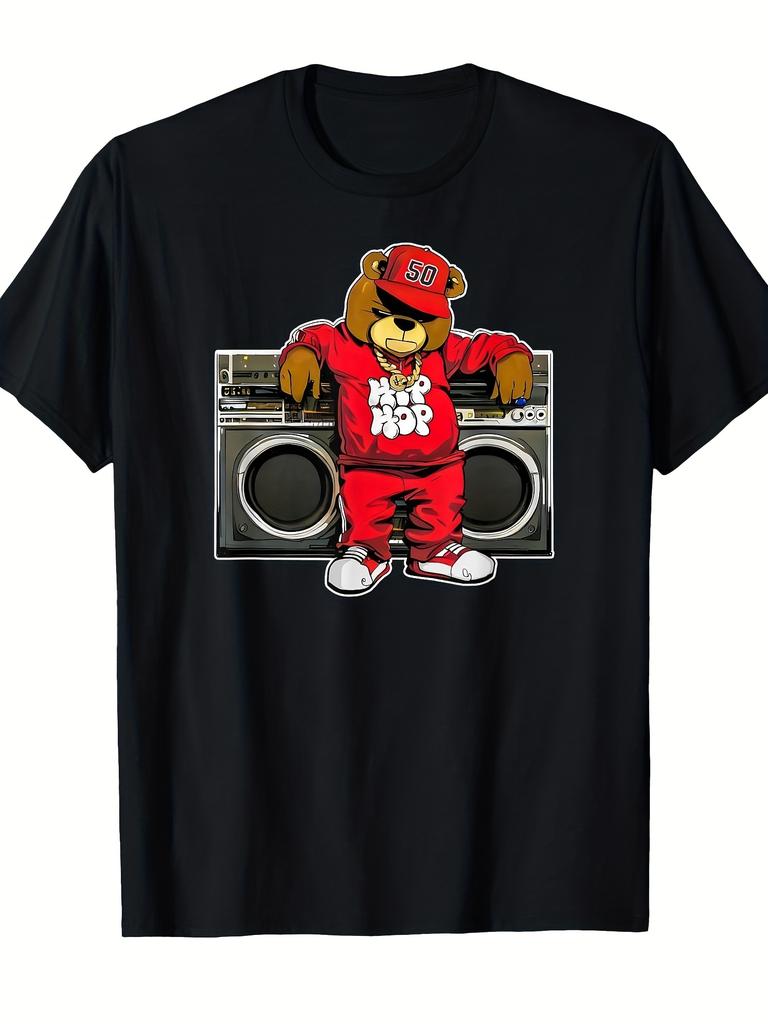 Unisex T-shirt Hip Hop Robot Teddy Bear & Graffiti Boombox T-Shirt - Tech-Themed Casual Short Sleeve Shirt with Dig