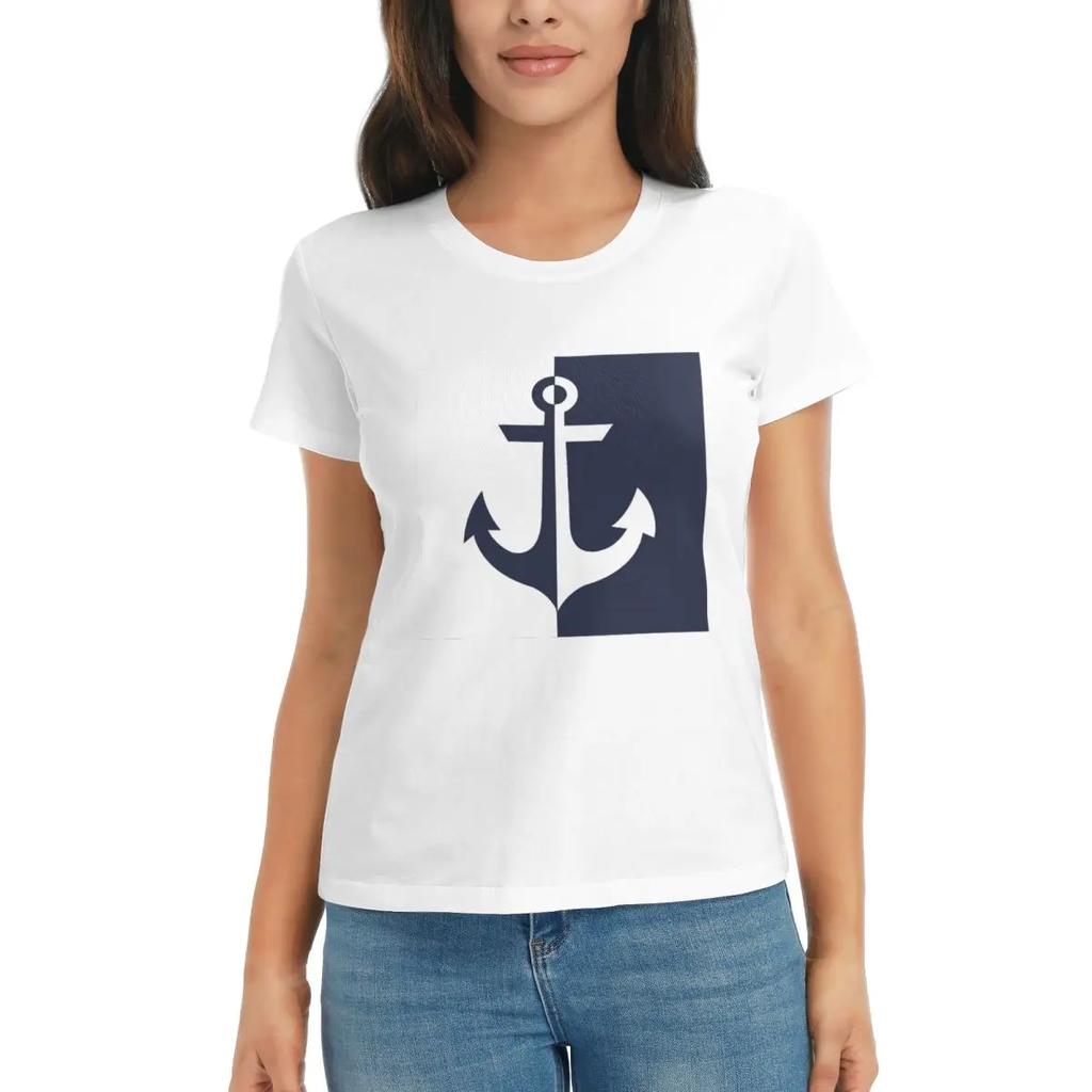 Women TShirt Nautical White And Navy Blue Anchor Summer Short Sleeve Tees Round Neck Cotton T Shirts Clothes Tops Streetwear