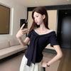 Fake Two-piece Lace Splicing V-neck Front Shoulder Short-sleeved T-shirt Women's Summer New Slim-fitting and Thin Chic Korean Top