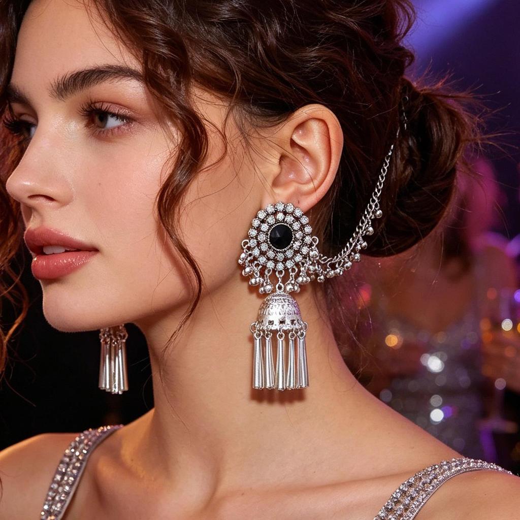Bohemian Turquoise Pearl Tassel Earrings with Rhinestone Bell Studs In Ethnic Light Luxury Style