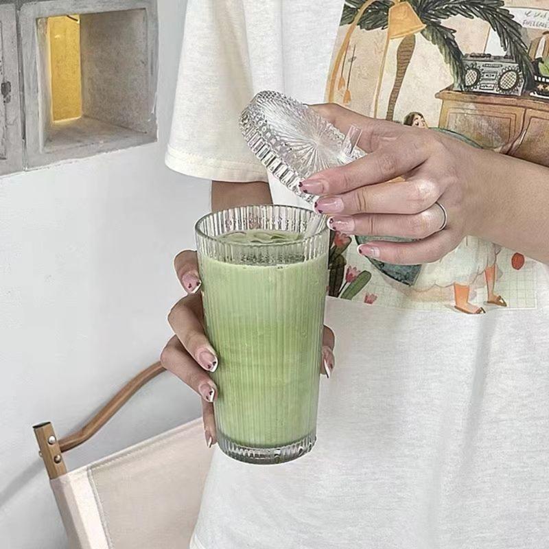 Coffee Mugs Milk Cup Glass Material Striped Glass Cup with Straw Drinking Cup Juice Cup Glass Material for Any Occasion