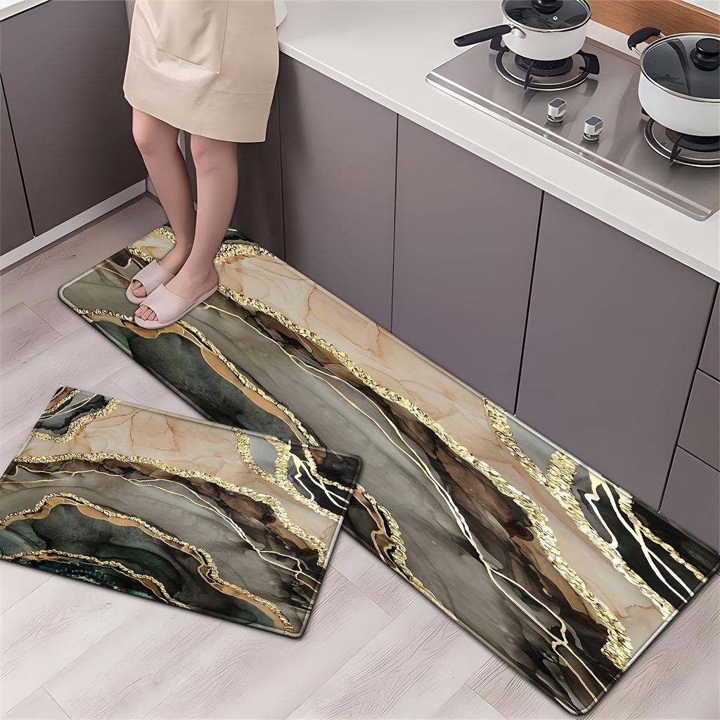 Luxury Golden Striped Marble Kitchen Mat Soft Thickened Kitchen Floor Mat Waterproof Non-slip Oil-proof Floor Mat Runner Rug