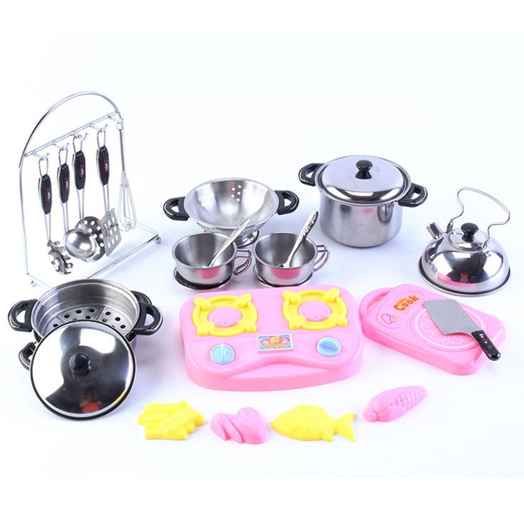 27PCS Stainless Steel Pots and Pans Kitchen Cookware Playset for Kids with Cooking Utensils