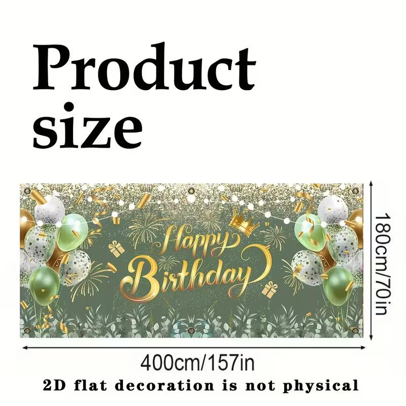 2D Green Gold Happy Birthday Backdrop, Balloon & Firework Banner, Birthday Party Background
