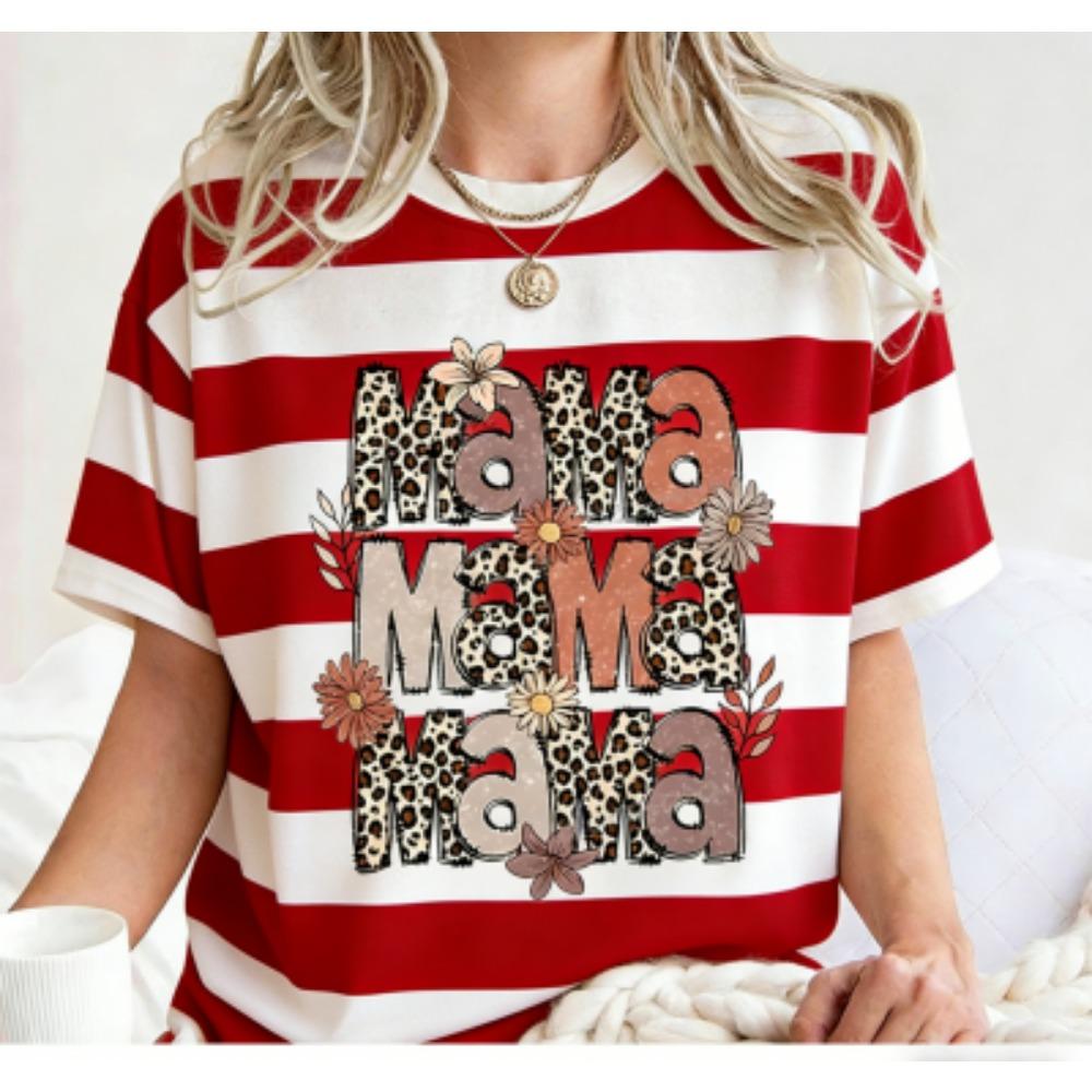 Funny Stripe Leopard Mama Print Women's Short Sleeves T-Shirt Loose Casual Summer Outdoor Street Women's Tees Tops