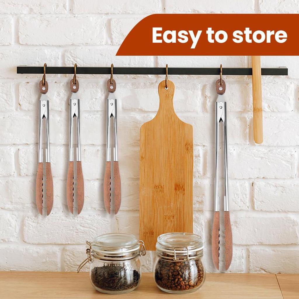Cooking Wooden Tongs, Stainless Steel Non- Long Handle Wooden Tongs With Hanging Hole, Home Creative Cooking Tongs For Grilling, Serving, Mixing