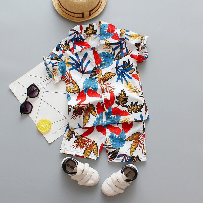 Children's Summer Full Print Leaf Flower Standing Neck Shirt Short Sleeve Set