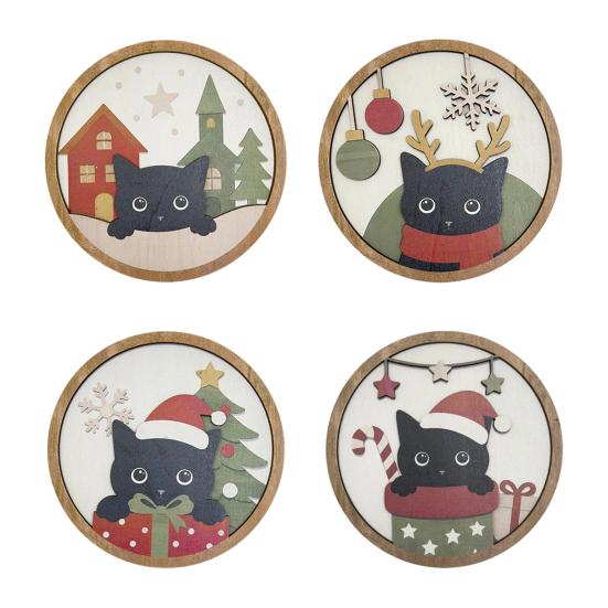 Living Room Decor Christmas Black Cat Wall Decor, Layered Wooden Hanging Sign, Round 2D Art Flat Decoration for Bedroom And Hall Porch Holiday
