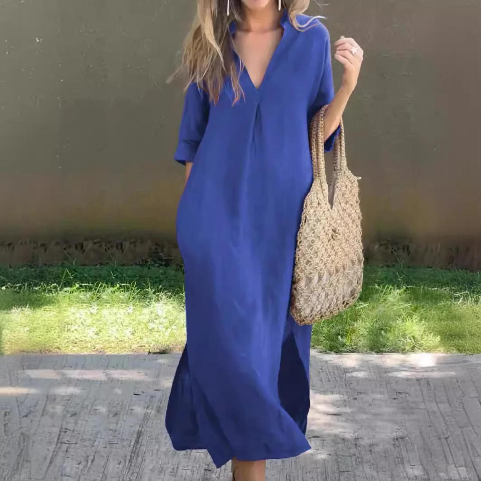 

Women s Half Sleeve Cotton Linen Maxi Dress Deep V Neck Loose Long Dresses Pockets Elegant Fashionable Casual Female Vestidos S синий