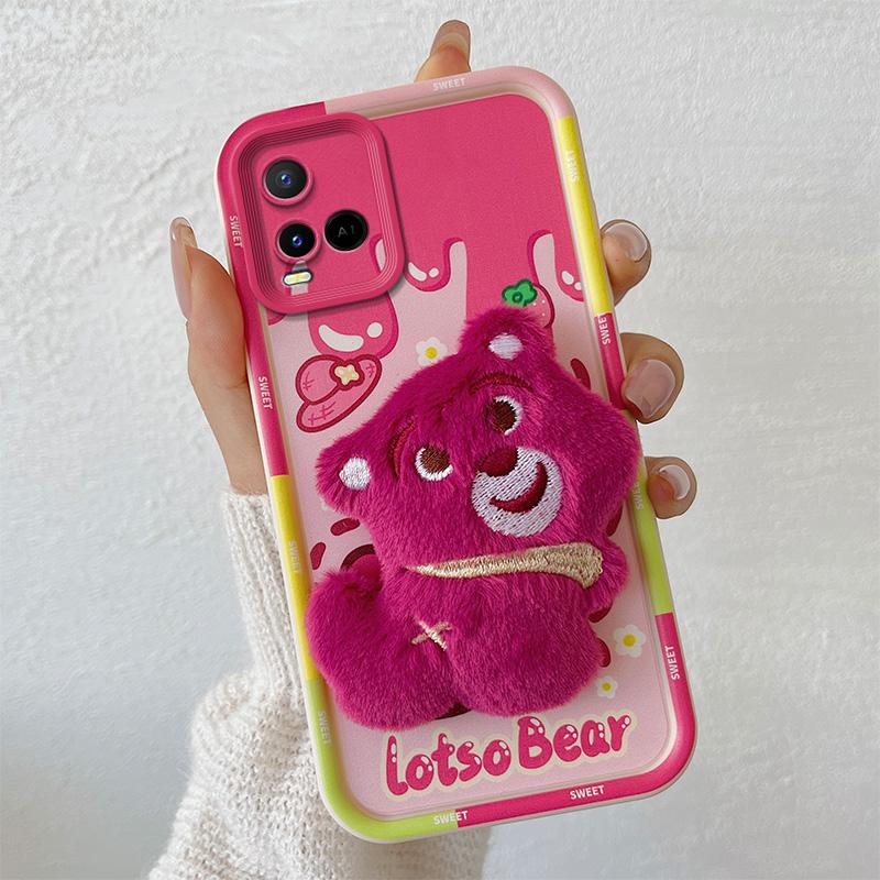 KEYSION Cute 3D Cartoon Plush Case for VIVO Y21 Y21S Y33S Y33T with Lanyard Soft Silicone Shockproof Phone Cover for VIVO T1X