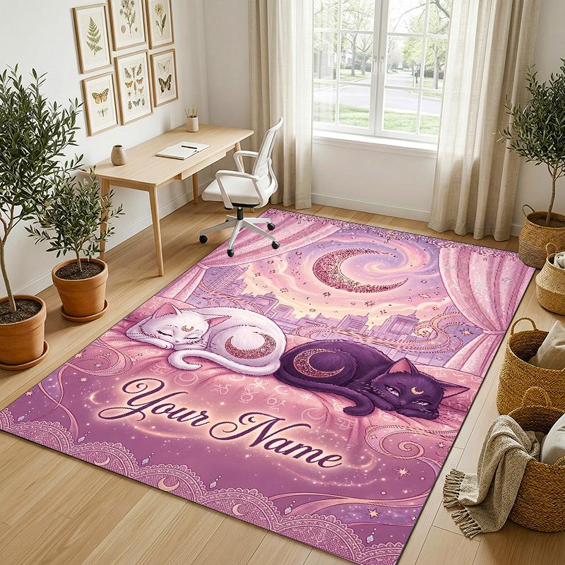 Moonlit Cat Theme Soft Crystal Velvet Rug Custom Name & Text Print Non Slip Floor Rug for Bedroom Living Room