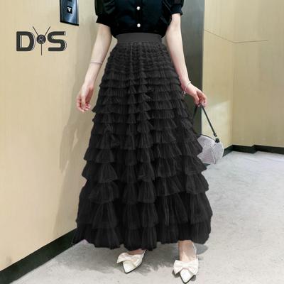 Women Skirt High Waist A-line Big Swing Ruffle Solid Color Scattered Hem Pleated Patchwork Solid Color Princess Style Elastic Waist Ankle Length Maxi