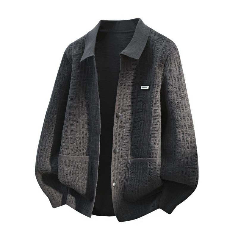 Męski sweter kardigan jesienno-zimowy luźny z geometrycznym wzorem i kontrastowymi kolorami modny casualowy top