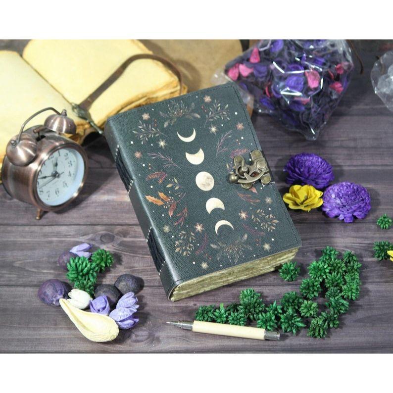 Moon Phases Leather Journal: Antique Deckle Edge Paper Grimoire