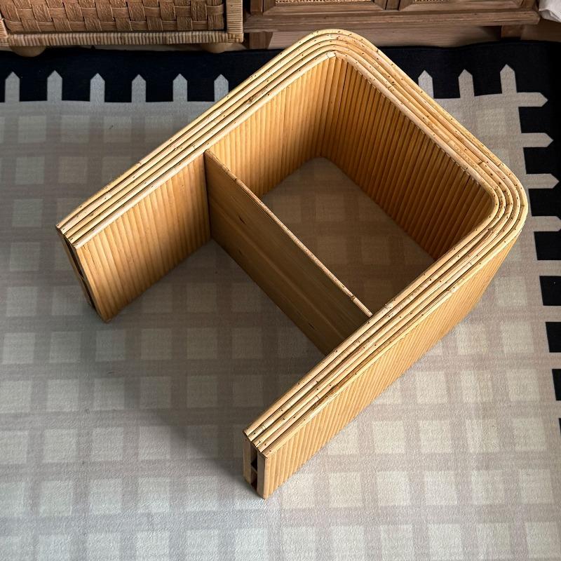 Handwoven Rattan & Bamboo Side Table, Double-Layer Storage Tea Table,Vintage Country Style Corner Table for Living Room Balcony